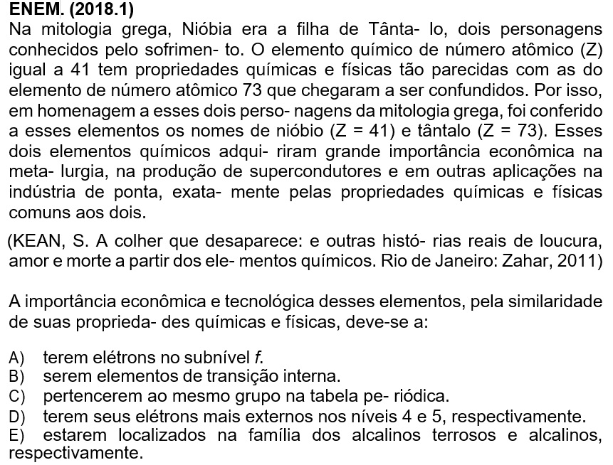 Questão de Tabela Periódica no ENEM 2018.